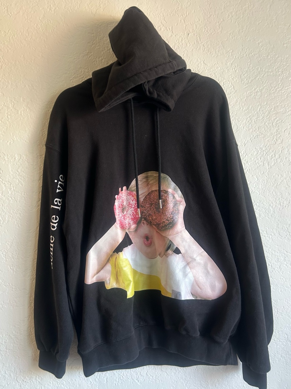 Black Graphic Pullover Hoodie with Donut Photo Print